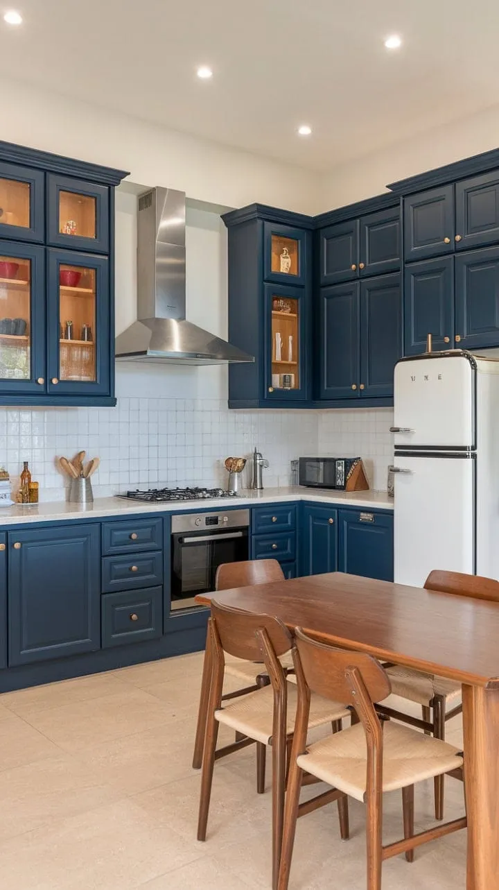 In this modern open-concept kitchen, navy blue cabinets and white quartz countertops harmoniously blend sophistication with comfort, highlighted by sleek stainless steel appliances and a warm wooden dining table.