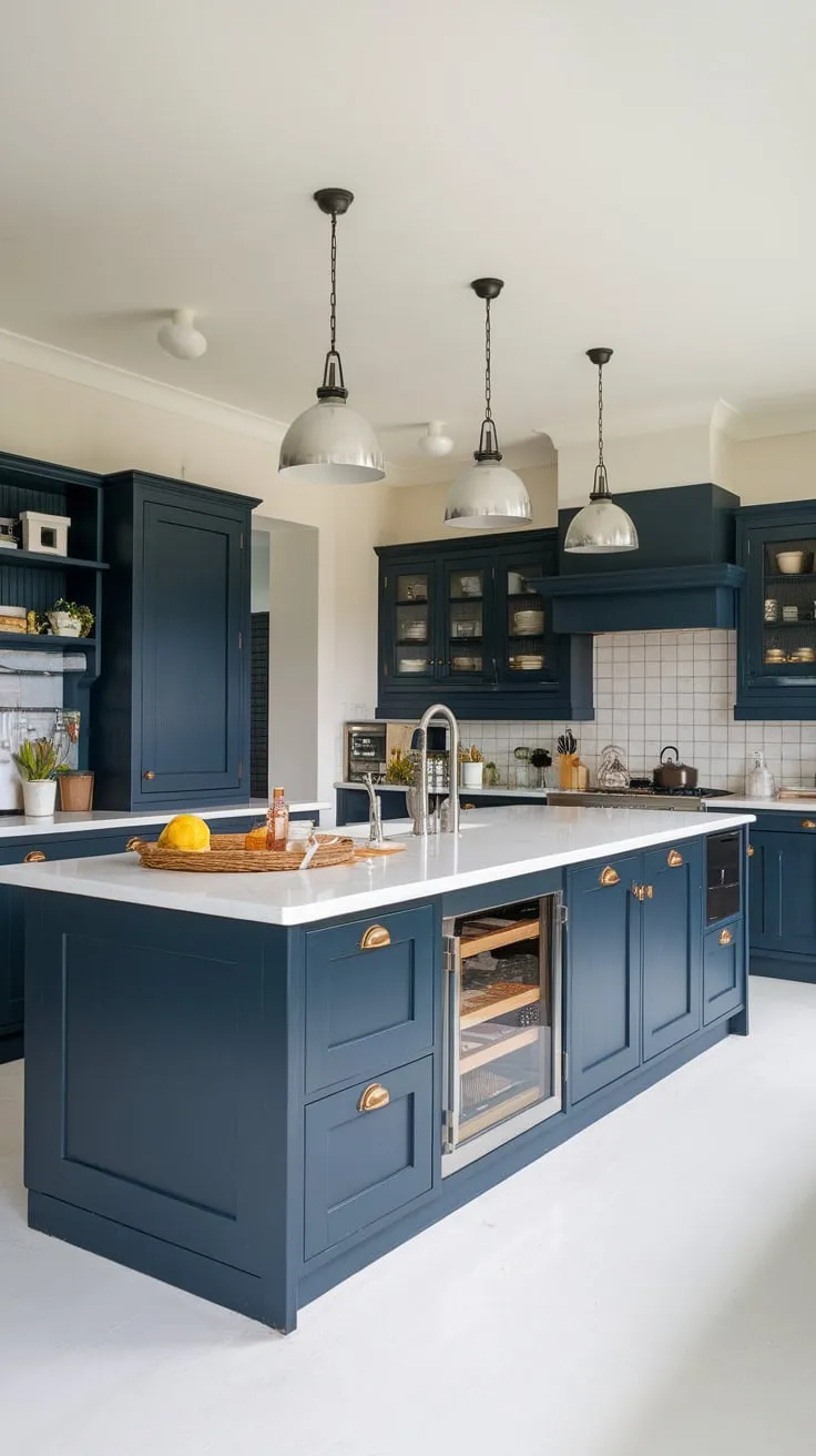 A spacious island anchors this modern kitchen, its white countertop contrasting beautifully with dark blue cabinets and pendant lighting.