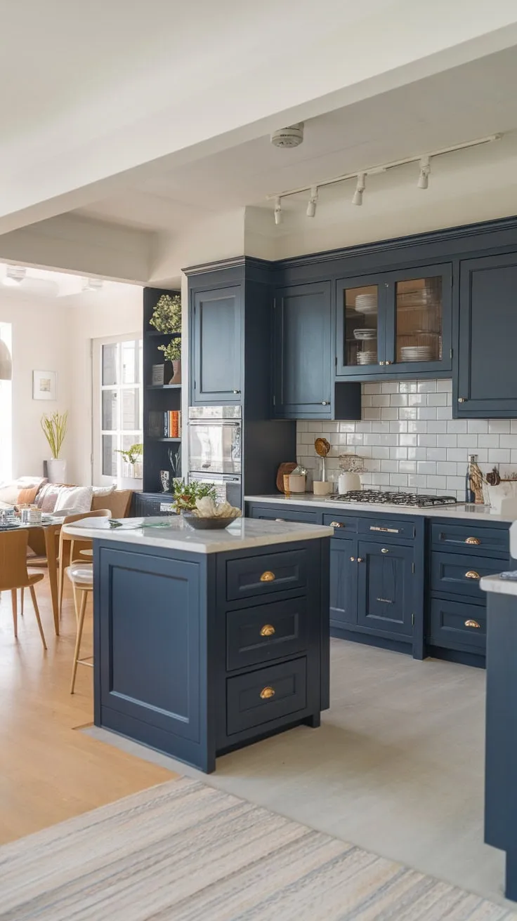 A matte navy kitchen, anchored by a marble-topped island, flows effortlessly into a light-filled living and dining area.