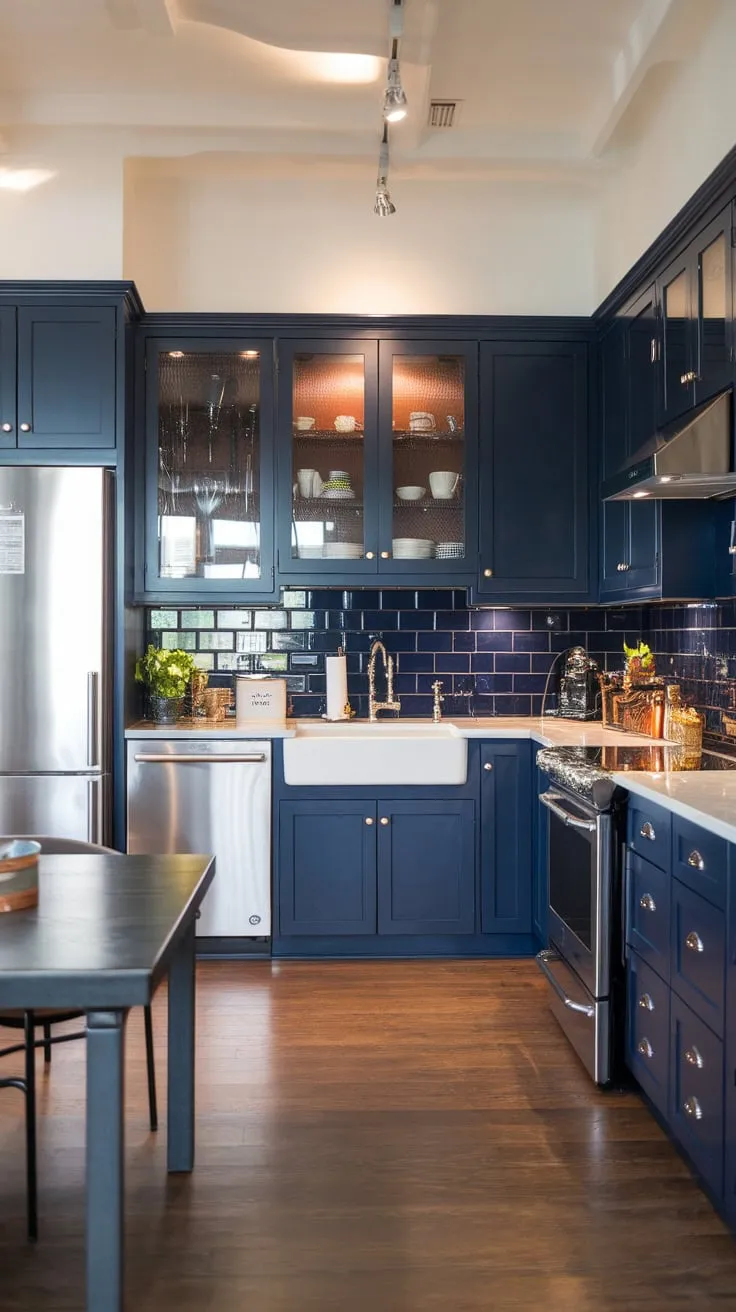 A modern kitchen's navy blue aesthetic is highlighted by white counters, stainless steel appliances, and warm wood floors, creating a stylish and inviting space.