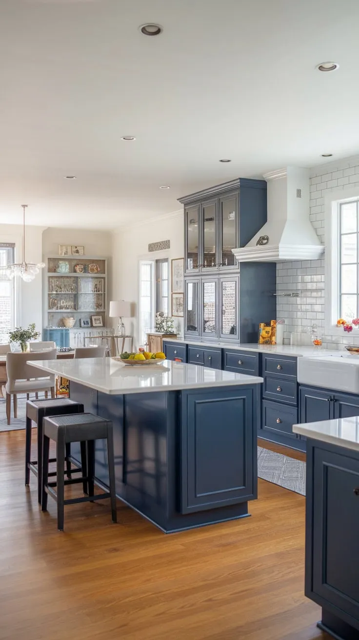 Sleek navy blue cabinets and white countertops highlight a modern open-concept kitchen flowing into a dining and living area