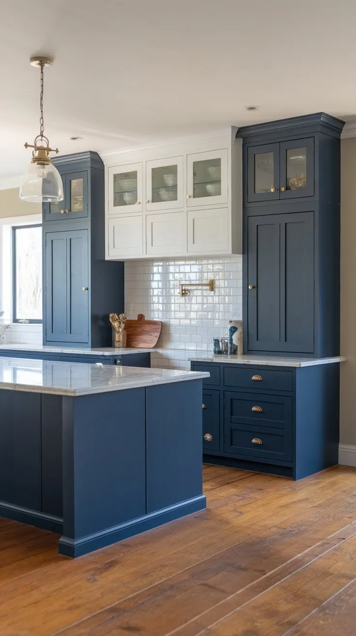 Sleek navy blue cabinetry and a marble-topped island define this modern open-concept kitchen's sophisticated style