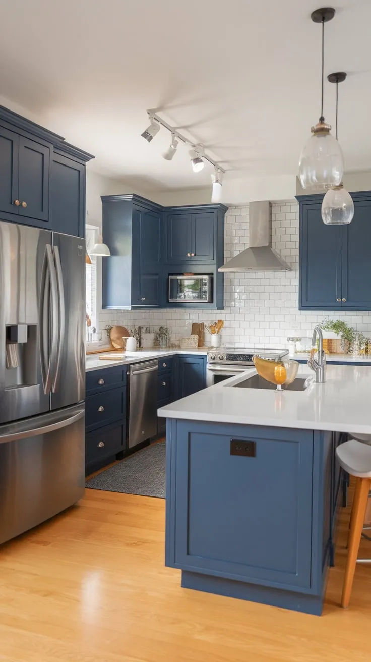 Sleek navy cabinets, white countertops, and stainless steel appliances define this modern open-concept kitchen's stylish design