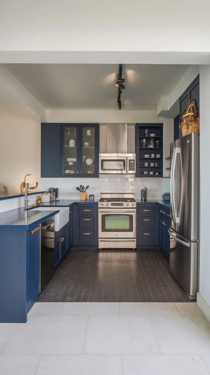 A modern kitchen boasts navy blue cabinetry, dark countertops, and stainless steel appliances in a bright, open-plan space.