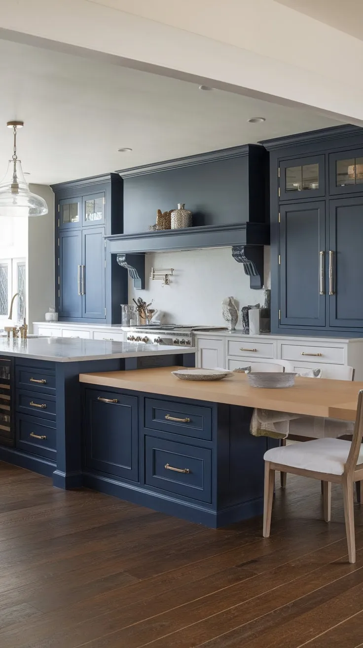 A stunning modern kitchen boasts navy blue upper cabinets, a white marble island with built-in seating, and dark wood floors.