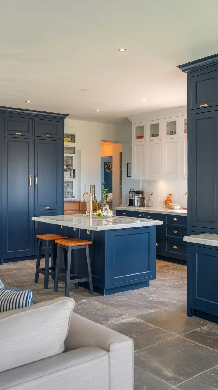 A modern kitchen's navy blue cabinets, white island, and open layout create a stylish and airy space.