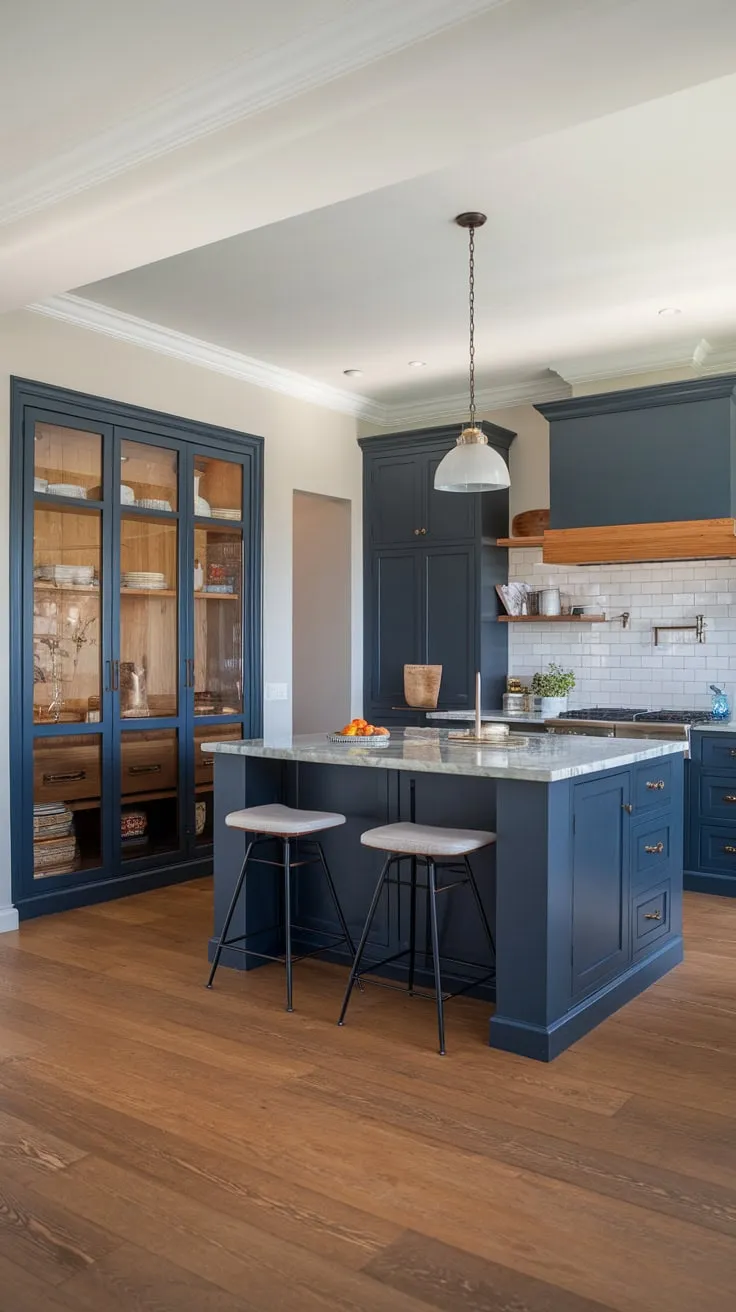 Sleek dark blue cabinetry and a marble island define this modern open-plan kitchen's sophisticated style
