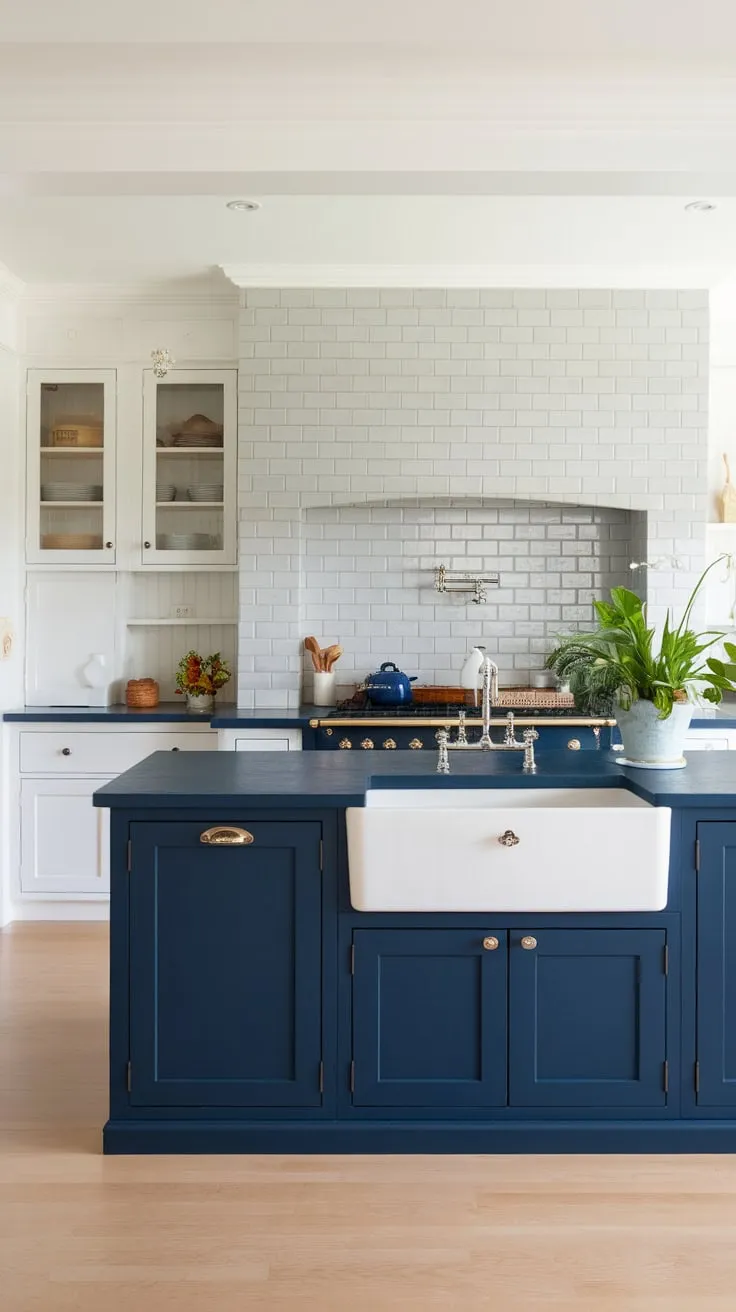 Sleek navy and white cabinetry highlight a modern open-plan kitchen's spacious island and light hardwood floors