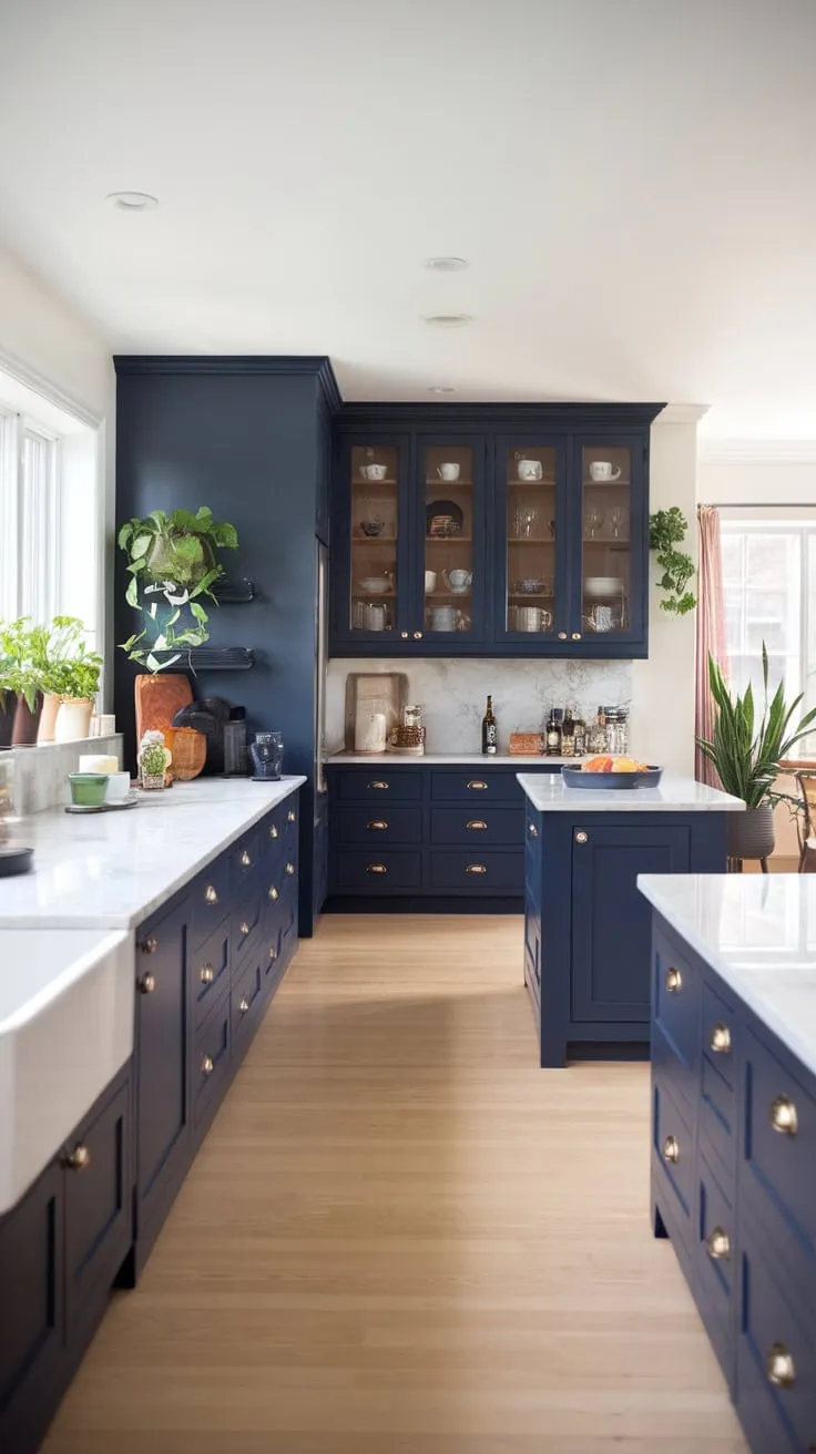A modern kitchen boasts a stylish navy blue and white color scheme, highlighted by an open layout connecting to living and dining spaces.