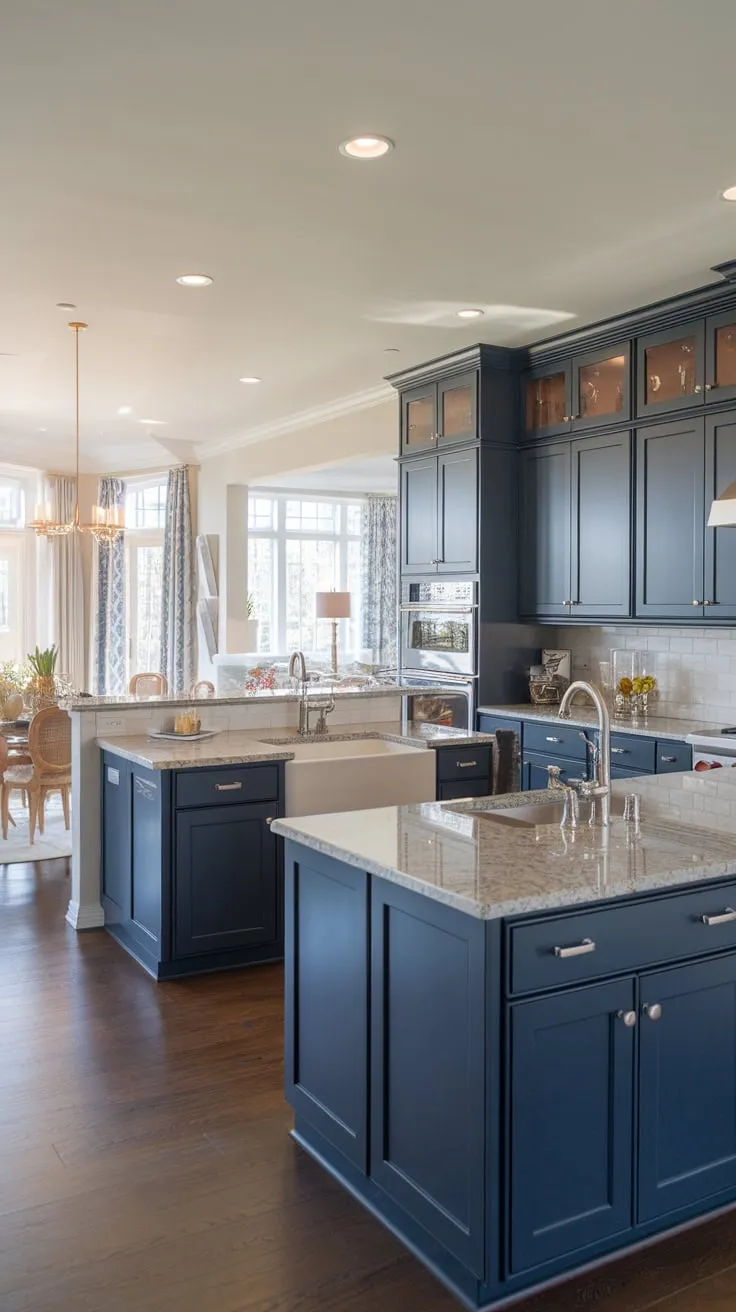 A stunning modern kitchen boasts navy matte cabinets, white countertops, and a large island, creating a chic and functional space.
