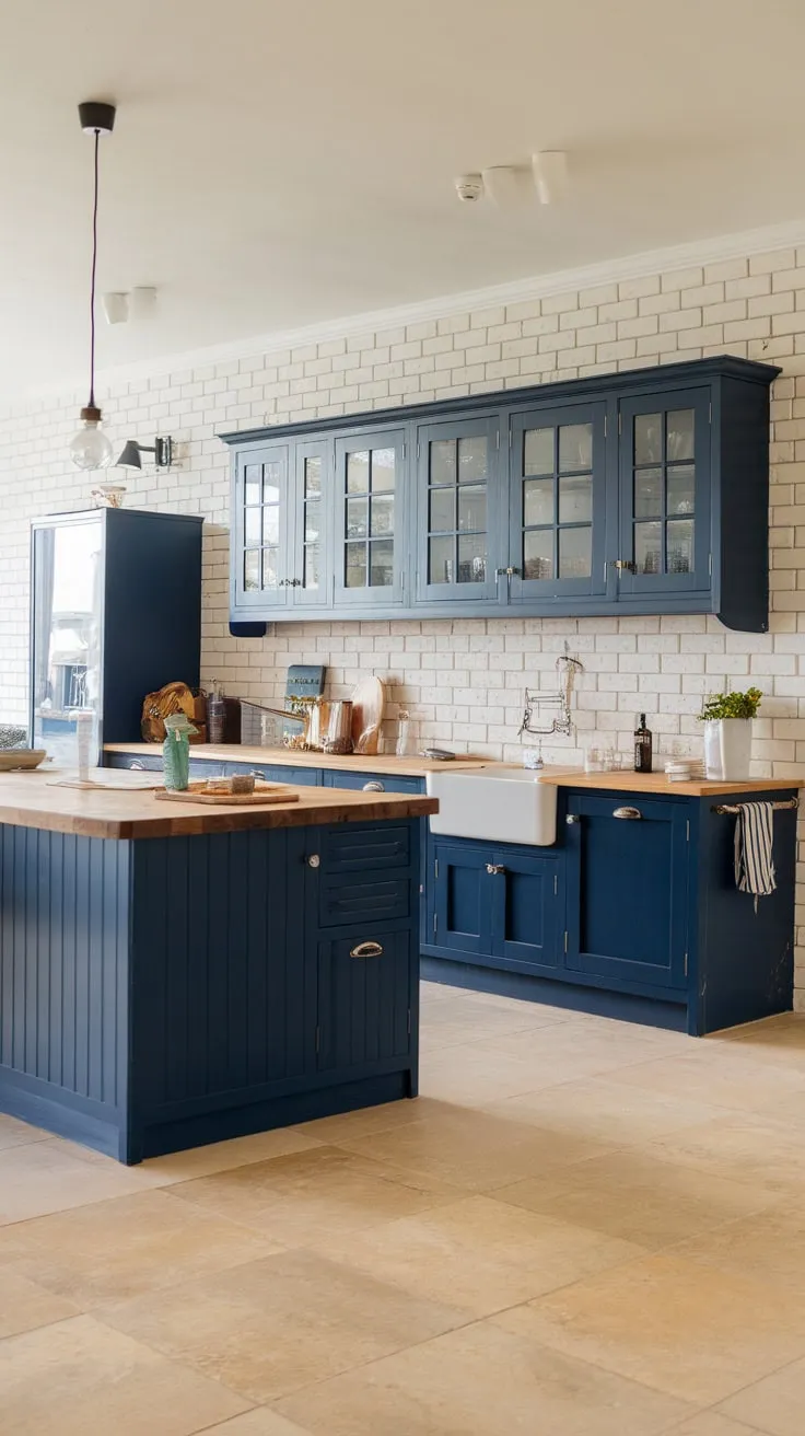 A modern kitchen boasts navy blue cabinets, a central wooden island, and a bright open layout.