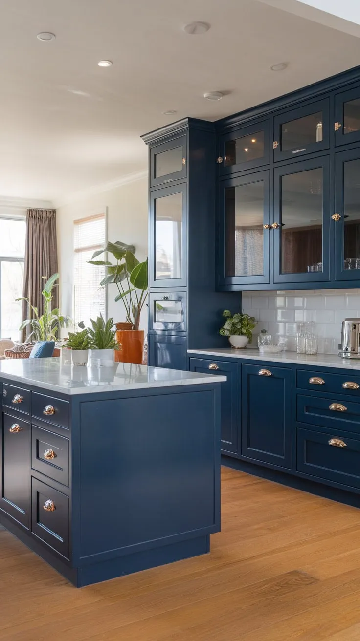 Sleek navy cabinets and a white marble island define this open-concept modern kitchen's sophisticated style