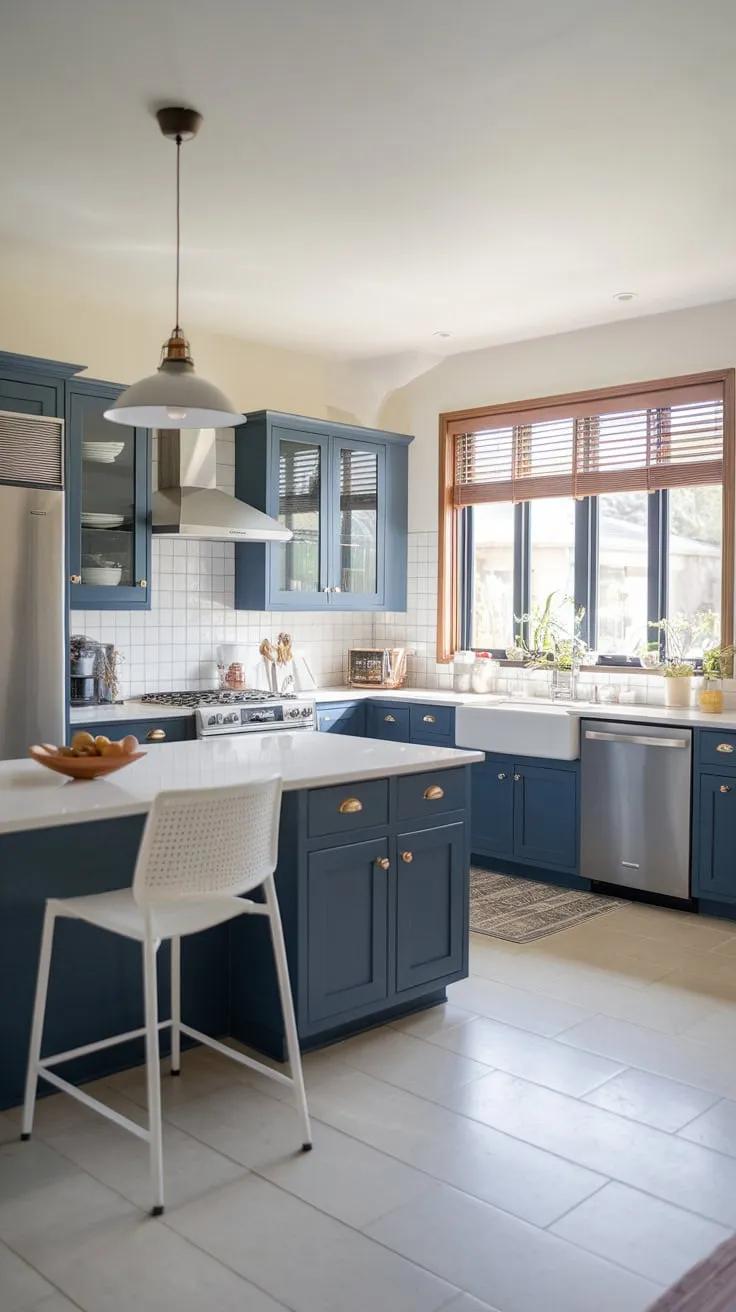 Sleek dark blue cabinetry, white countertops, and stainless steel appliances define this modern open-concept kitchen's stylish design