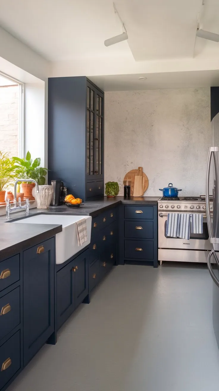 Sleek navy cabinets and a concrete countertop anchor a modern open-concept kitchen, complemented by stainless steel appliances and pops of greenery.