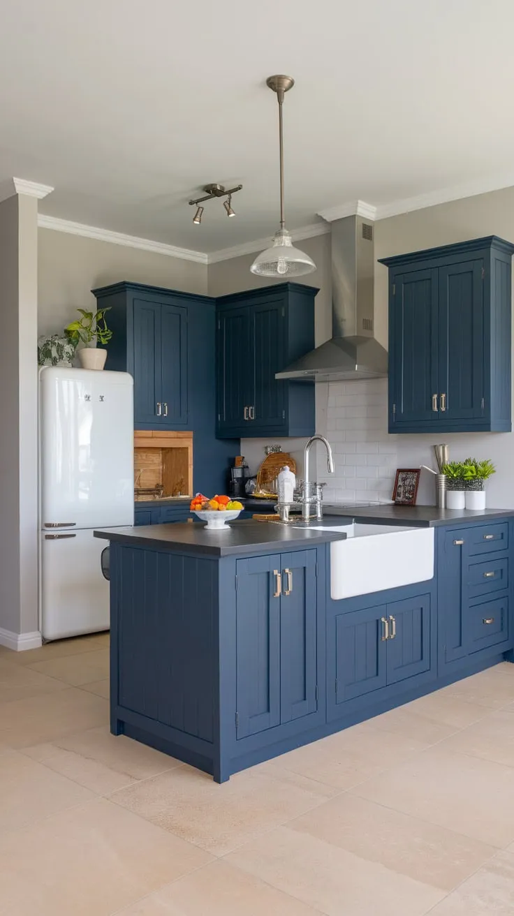 A light grey backdrop highlights the navy blue kitchen island and stainless steel appliances in this stylish modern space