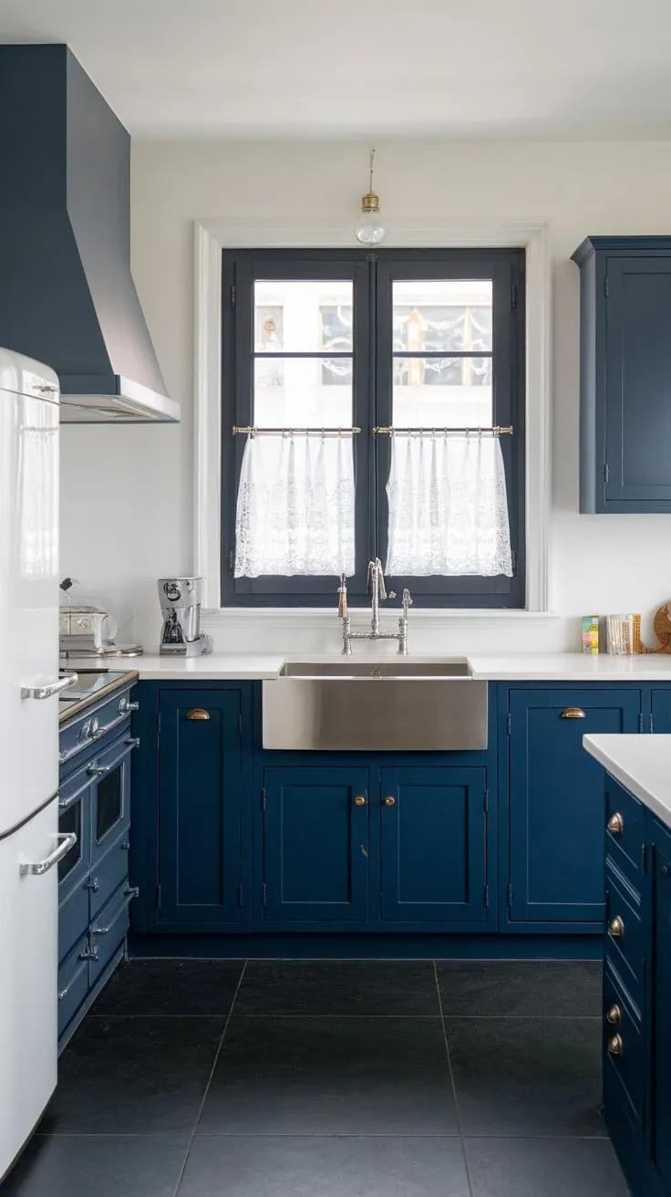 Sleek navy cabinets and white countertops define this modern open-concept kitchen's sophisticated style