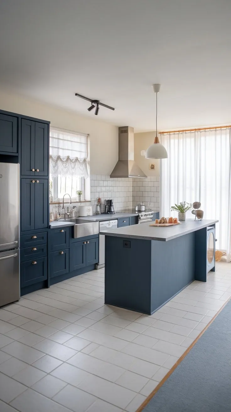 Sleek navy cabinets and a light grey countertop define this modern open-concept kitchen's sophisticated style