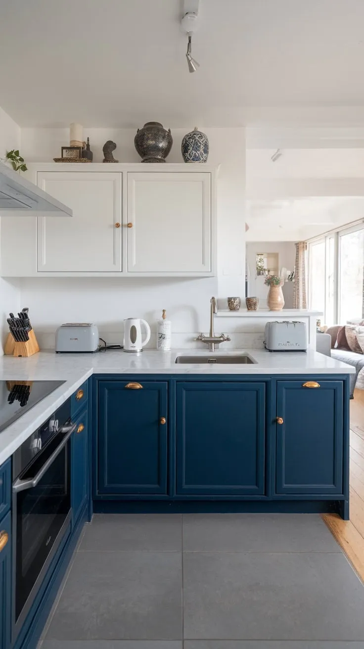 Sleek navy cabinets and white marble countertops define this modern open-plan kitchen, seamlessly flowing into a living area.
