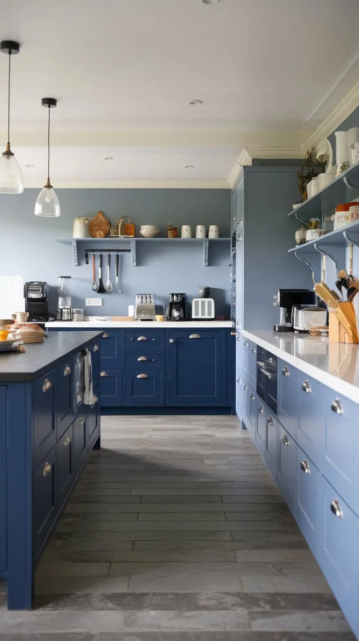 Sleek navy and light blue cabinetry, a white countertop island, and grey tile flooring define this modern open-concept kitchen.