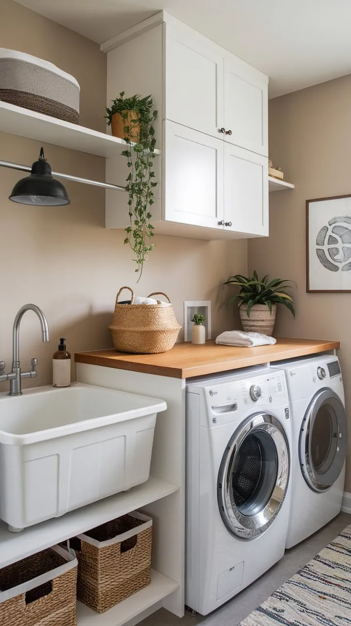 This modern laundry room seamlessly blends functionality with serene elegance through its white appliances, sleek cabinetry, and warm wooden accents.