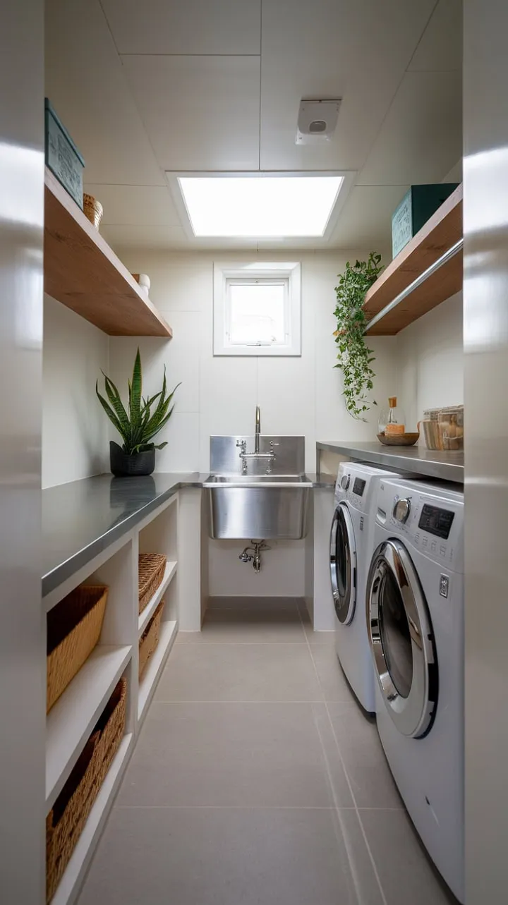 This laundry room seamlessly blends chic design with practicality, featuring a sleek stainless steel sink, modern appliances, smart storage, and a refreshing touch of greenery.