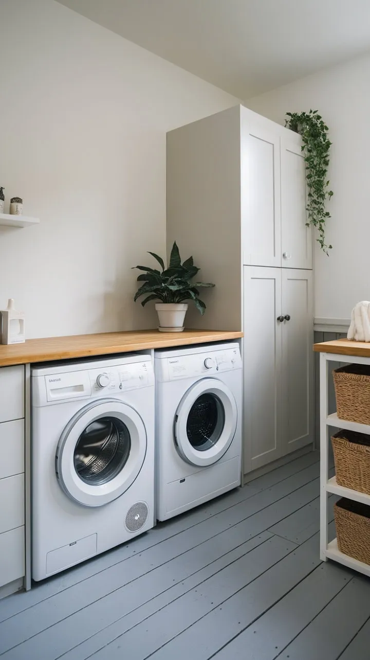 This laundry room elegantly blends functionality with style, showcasing crisp white cabinetry and appliances alongside warm wood accents and a serene gray floor.