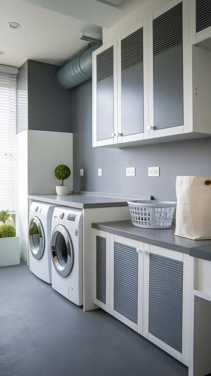 This modern laundry room blends sleek appliances and smart storage with calming greys and clean lines, creating a stylish haven for chores accented by a touch of greenery.