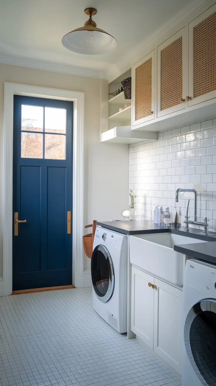 Sleek white cabinetry and a stylish sink brighten this modern laundry room, complemented by a dark blue accent door and bright white tile flooring
