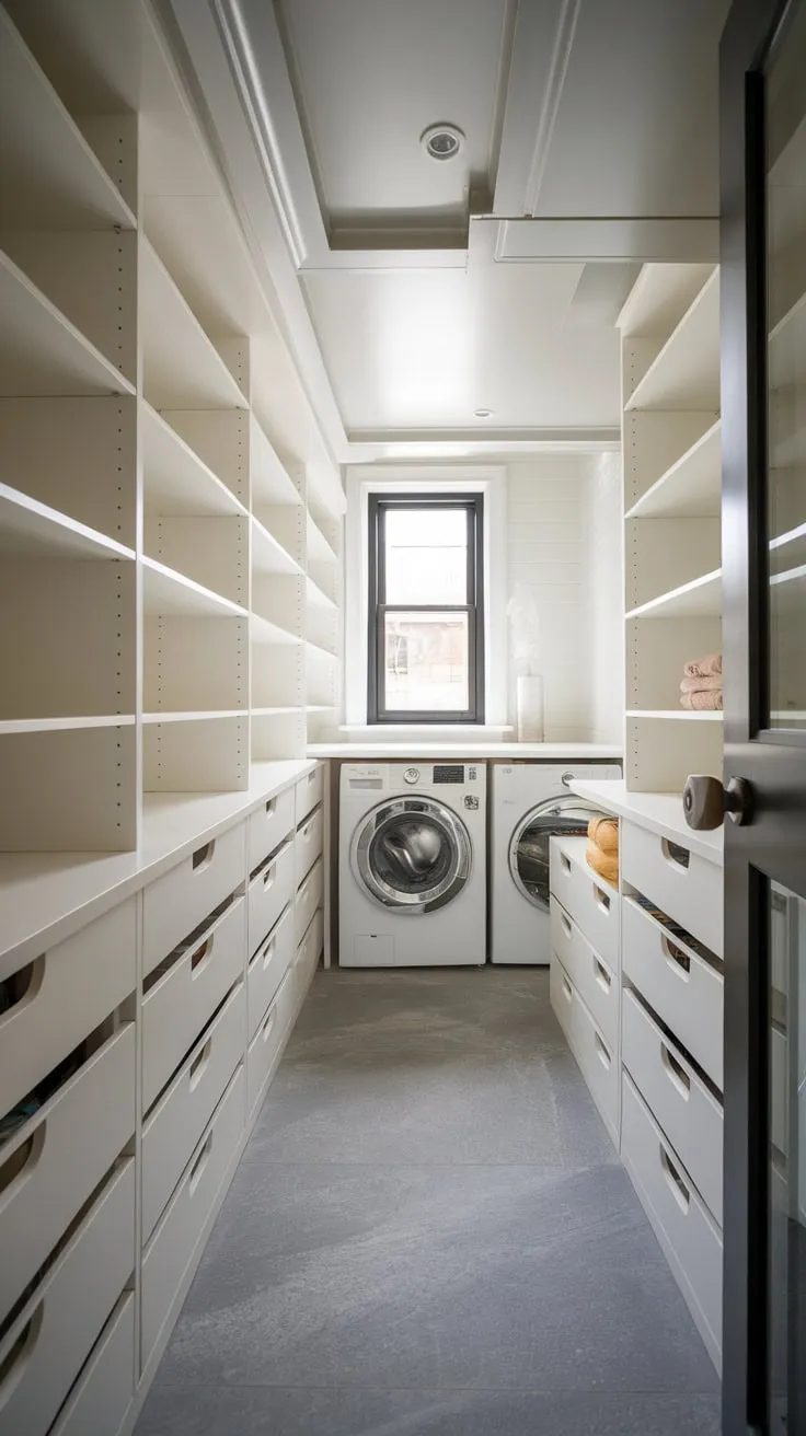 Sleek white cabinetry, gray tile floors, and modern appliances transform this laundry room into a stylish space.
