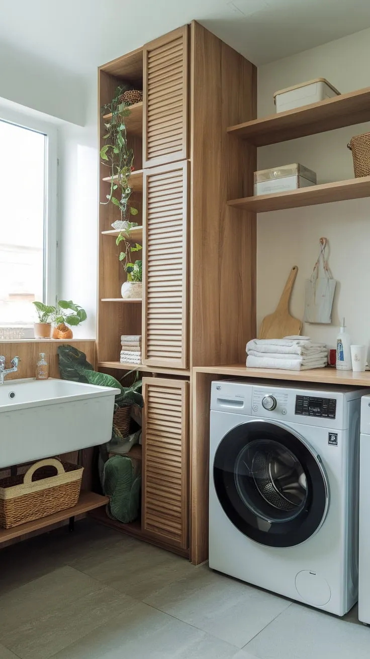 A bright, stylish laundry room boasts clean white appliances, natural wood accents, and a touch of greenery.