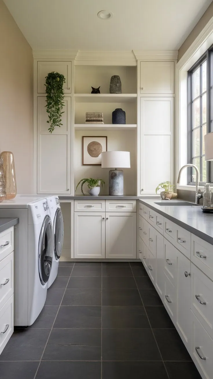 Sunlight streams into a chic laundry room featuring sleek white cabinets, dark gray floors, and stylish accents.