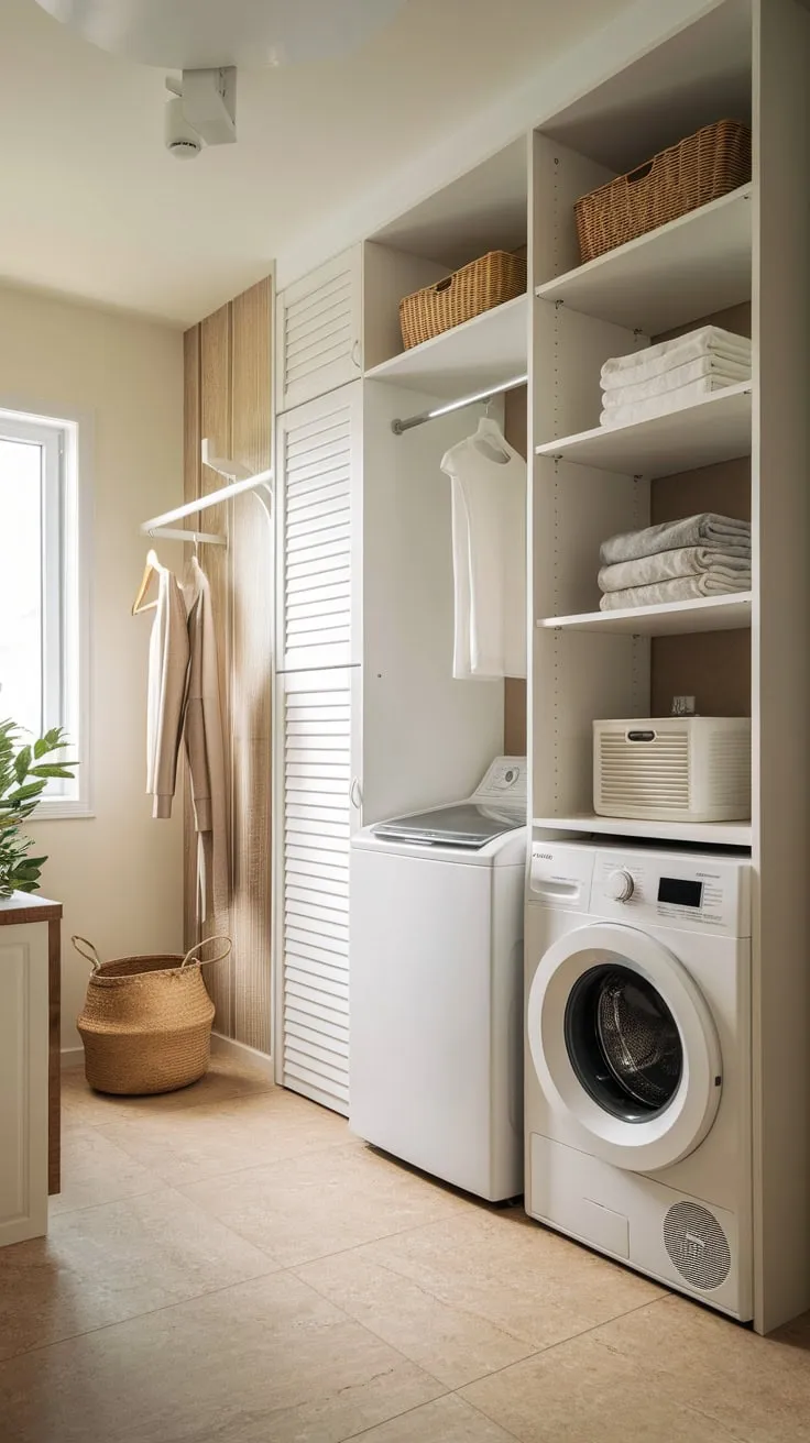 Clean lines and a calming palette define this modern laundry room, where practicality meets stylish design.
