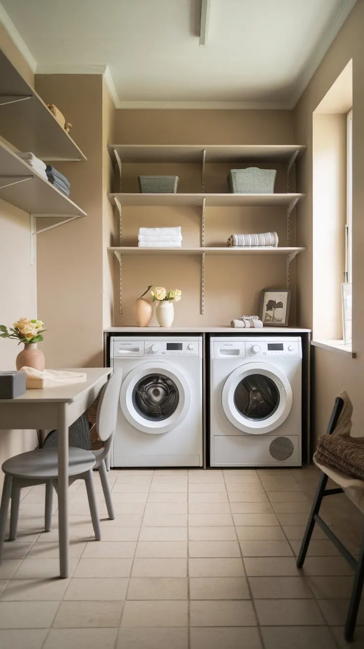 A chic beige and grey laundry room boasts modern appliances, ample storage, and a comfortable seating area, bathed in natural light from a window.