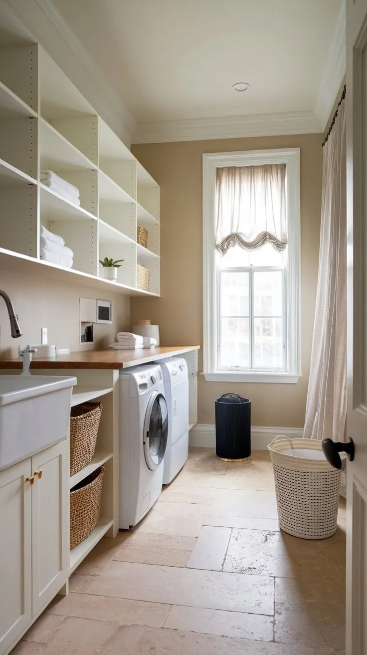 Beige tile floors and a window with a curtain add warmth to the modern laundry room's minimalist design.