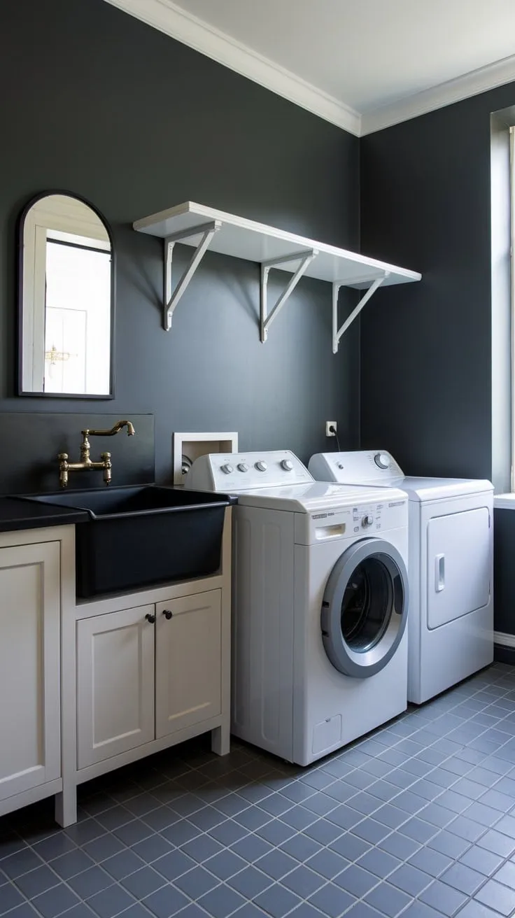 Sleek white appliances and dark grey accents transform this laundry room into a stylish and functional space
