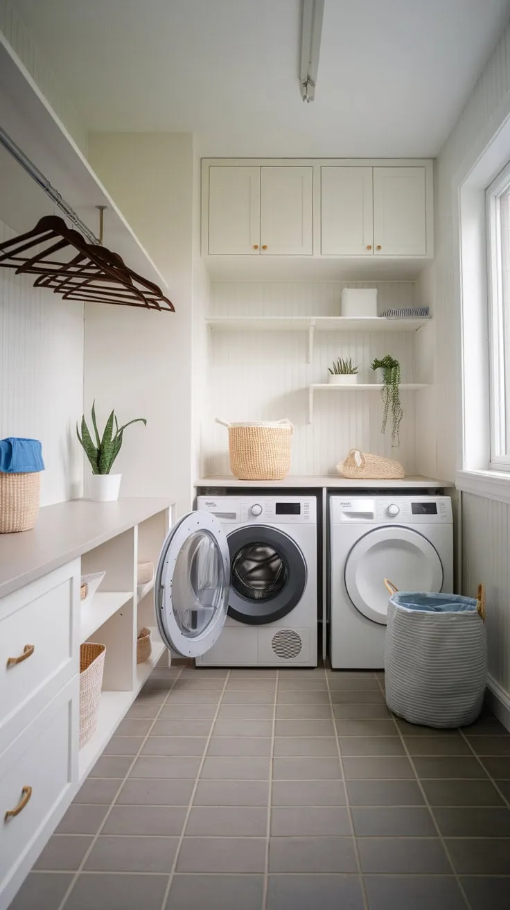 A modern laundry room boasts sleek design elements, ample storage, and natural light, transforming a chore into a pleasant experience.