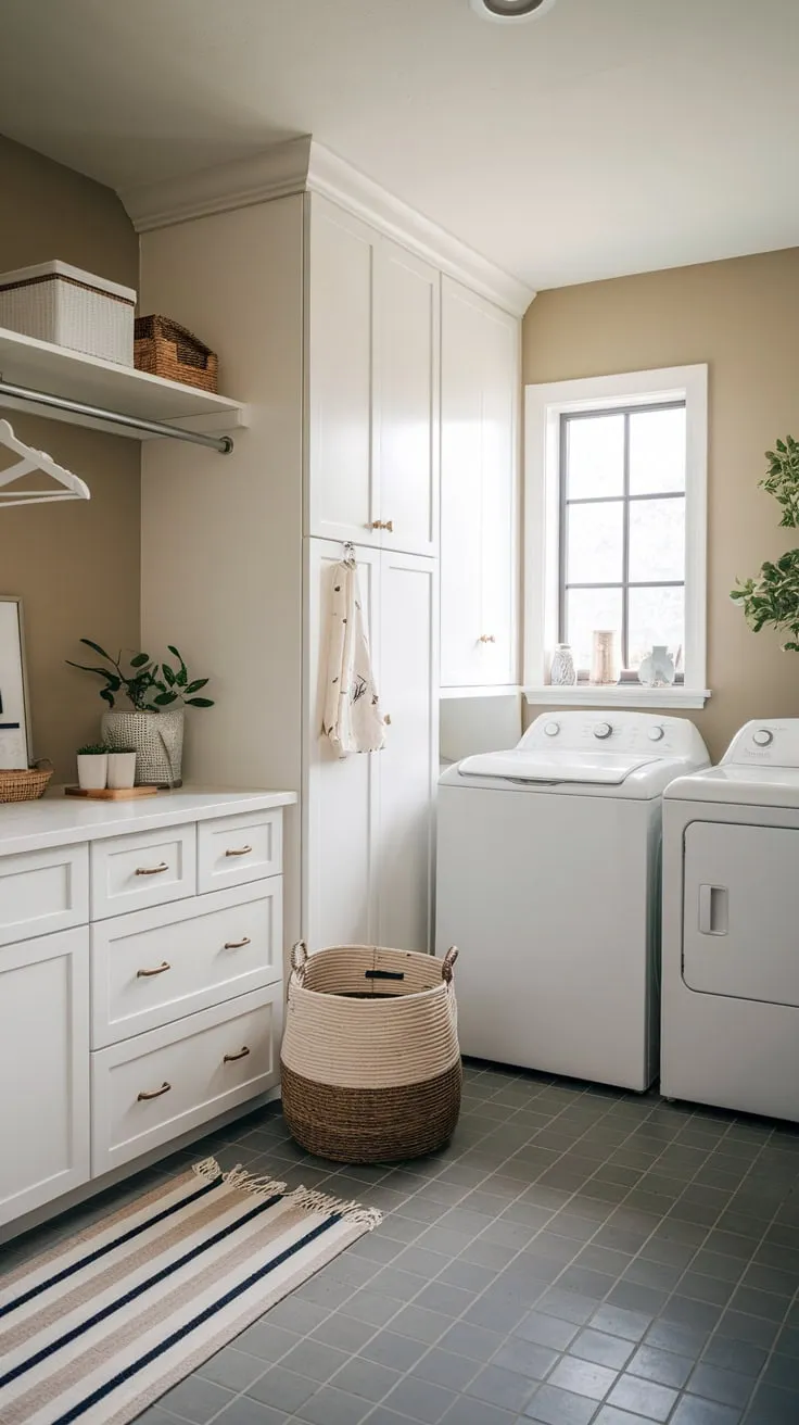 Sleek white appliances and stylish storage define this modern laundry room's calming beige and gray aesthetic