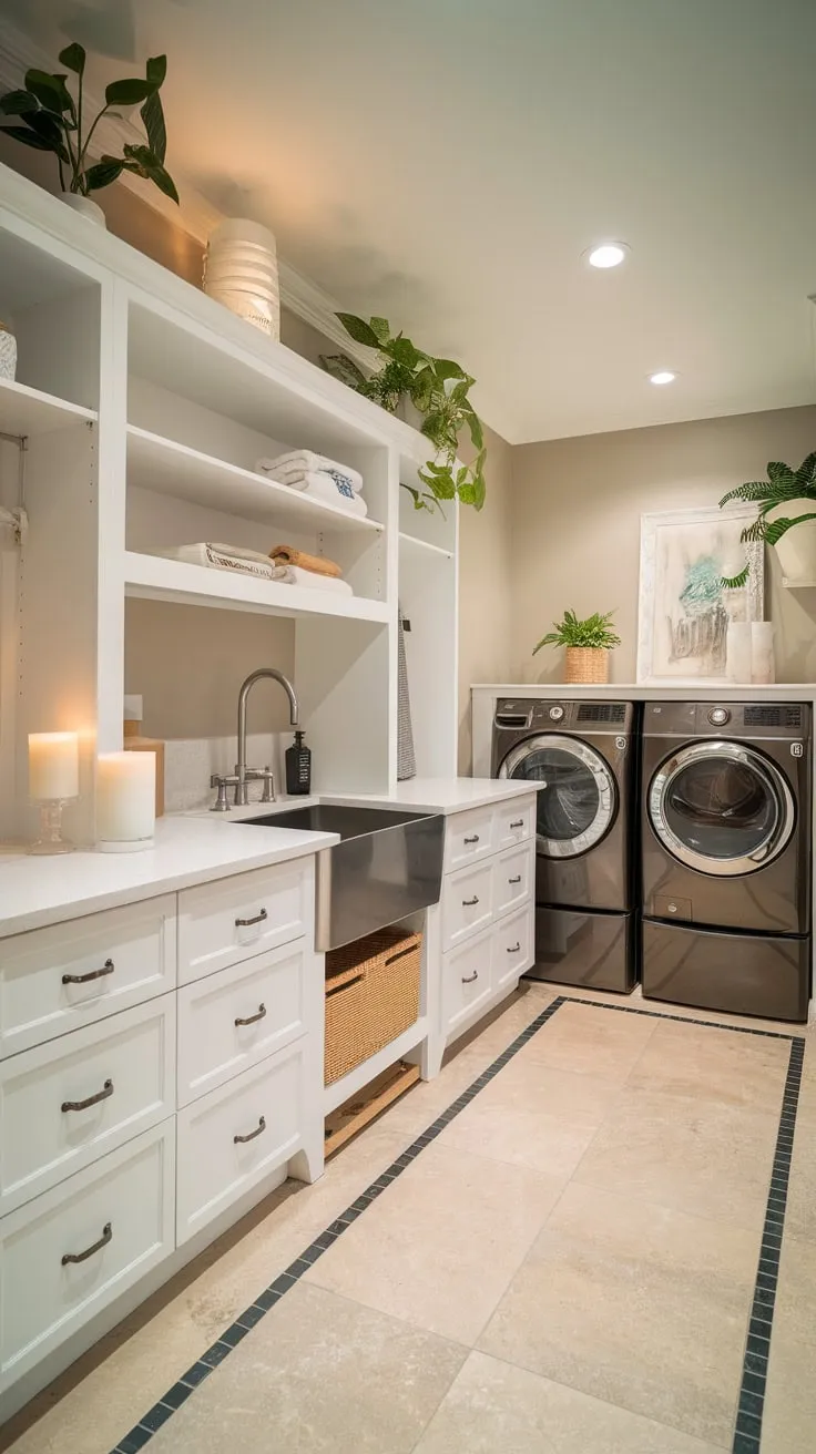 Bright lighting illuminates a stylish laundry room featuring white cabinetry, stainless steel accents, and beige tile flooring, transforming a chore into a calming space