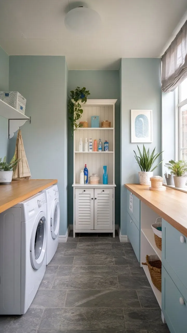 This serene laundry room harmoniously combines light blue walls, sleek white appliances, and warm wood accents for a stunningly efficient design.
