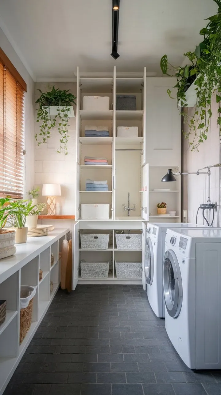 This modern laundry room masterfully combines sleek design and practical storage, creating a serene retreat that elevates everyday chores.