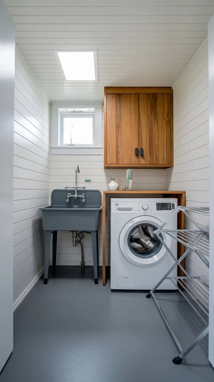 This modern laundry room blends clean lines and soothing gray tones with sleek appliances and wood accents, transforming chores into a stylish sanctuary.