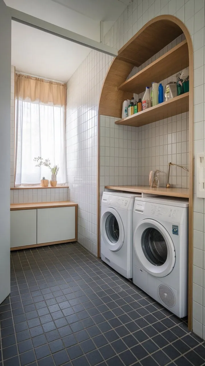 This laundry room masterfully blends efficiency and elegance, showcasing thoughtful design through its smart layout and stylish details.