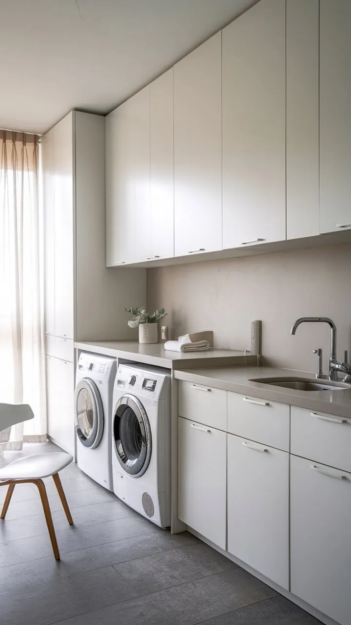 This laundry room harmoniously combines clean lines and soothing colors, creating a serene yet functional space with crisp white cabinetry and soft window light.