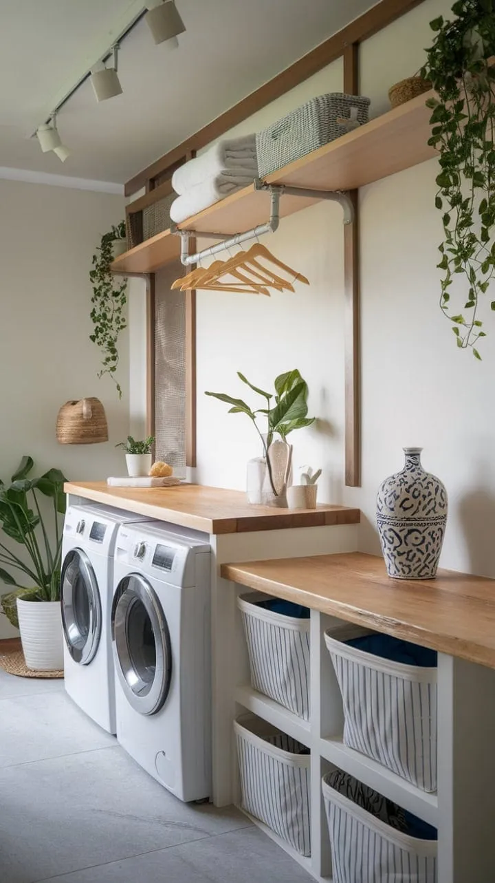 This chic laundry room transforms chores into a stylish experience with its clean lines and efficient design.