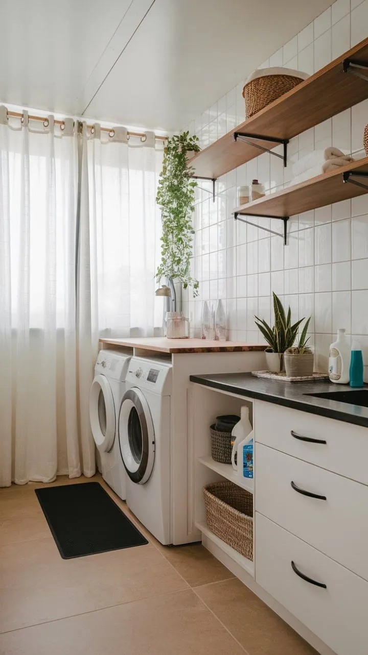 This laundry room transforms utility into tranquility with its sleek design and soothing colors, proving that even the most practical spaces can be serene sanctuaries.