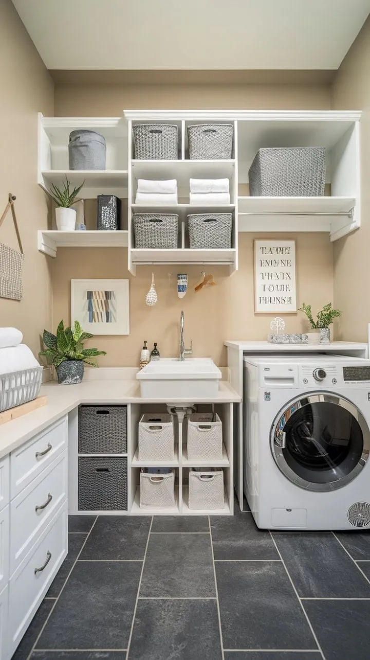 Laundry day transforms into a stylish affair with this chic, space-efficient room that seamlessly combines luxury and practicality.