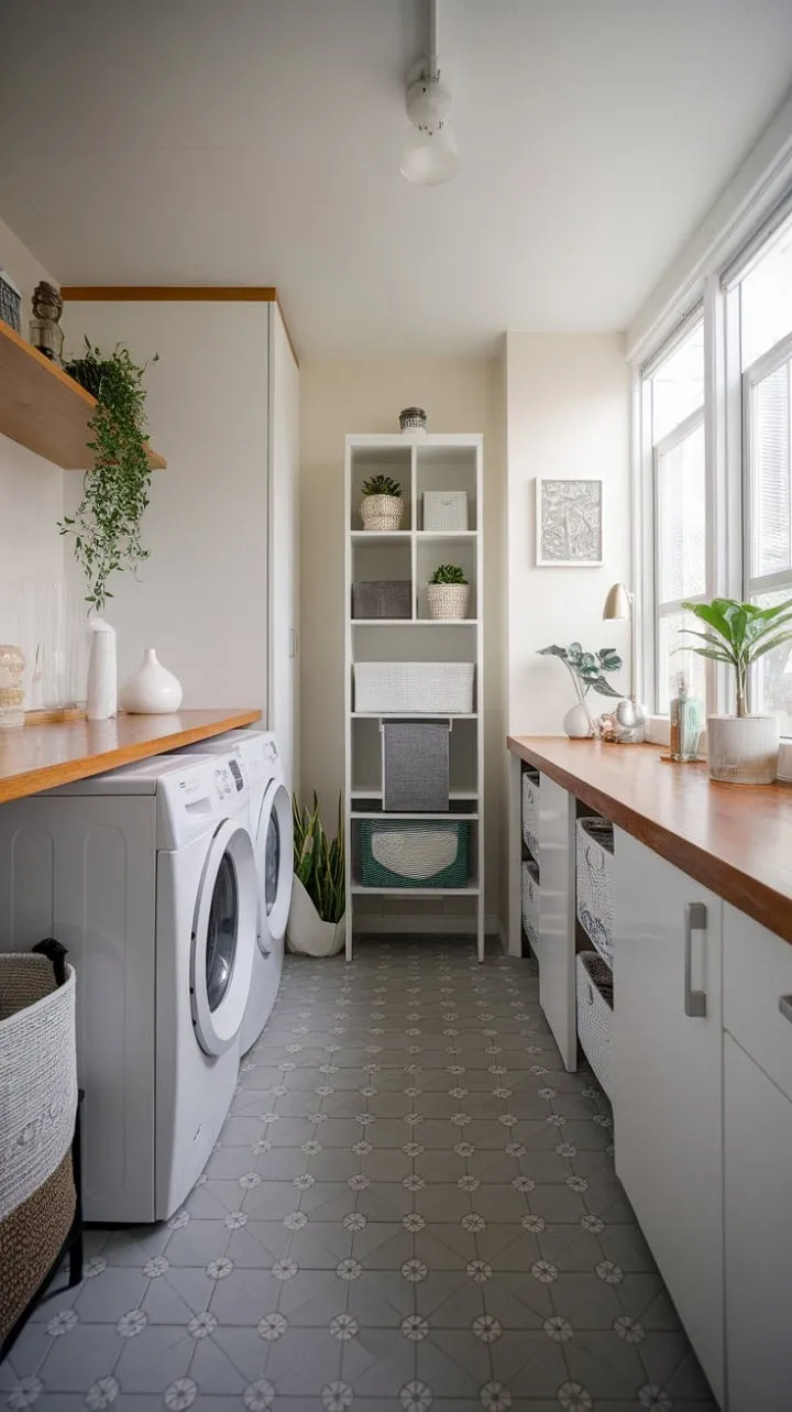 This thoughtfully designed laundry room blends clean lines and natural light to create an efficient yet aesthetically pleasing haven for household chores.