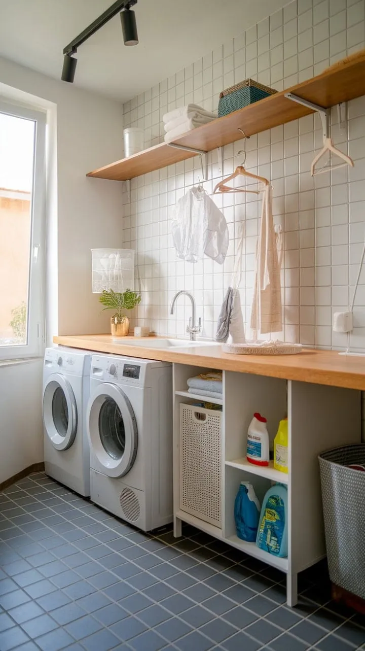 Laundry day transforms into a luxurious experience in this stylish, sunlit haven, where sleek appliances and smart storage elevate everyday chores.
