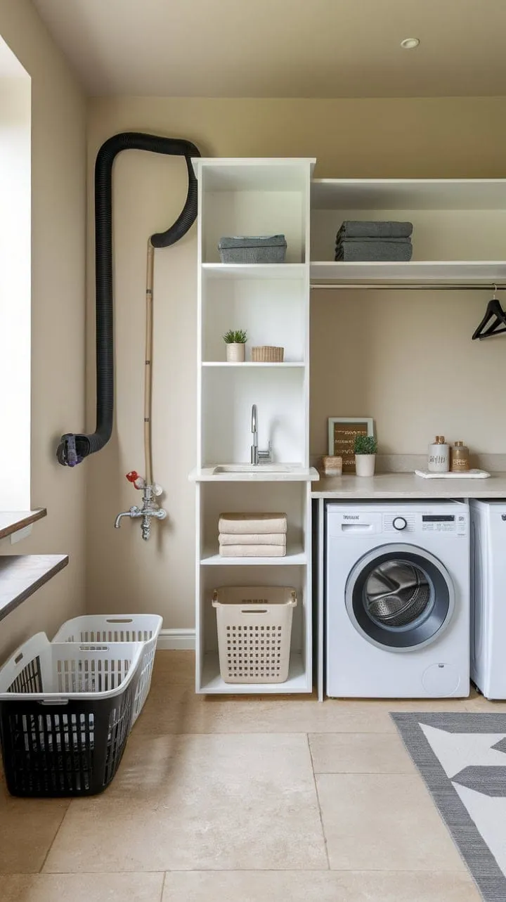 This beautifully designed laundry room transforms a mundane chore into a serene experience with its soft beige tones and airy white accents.