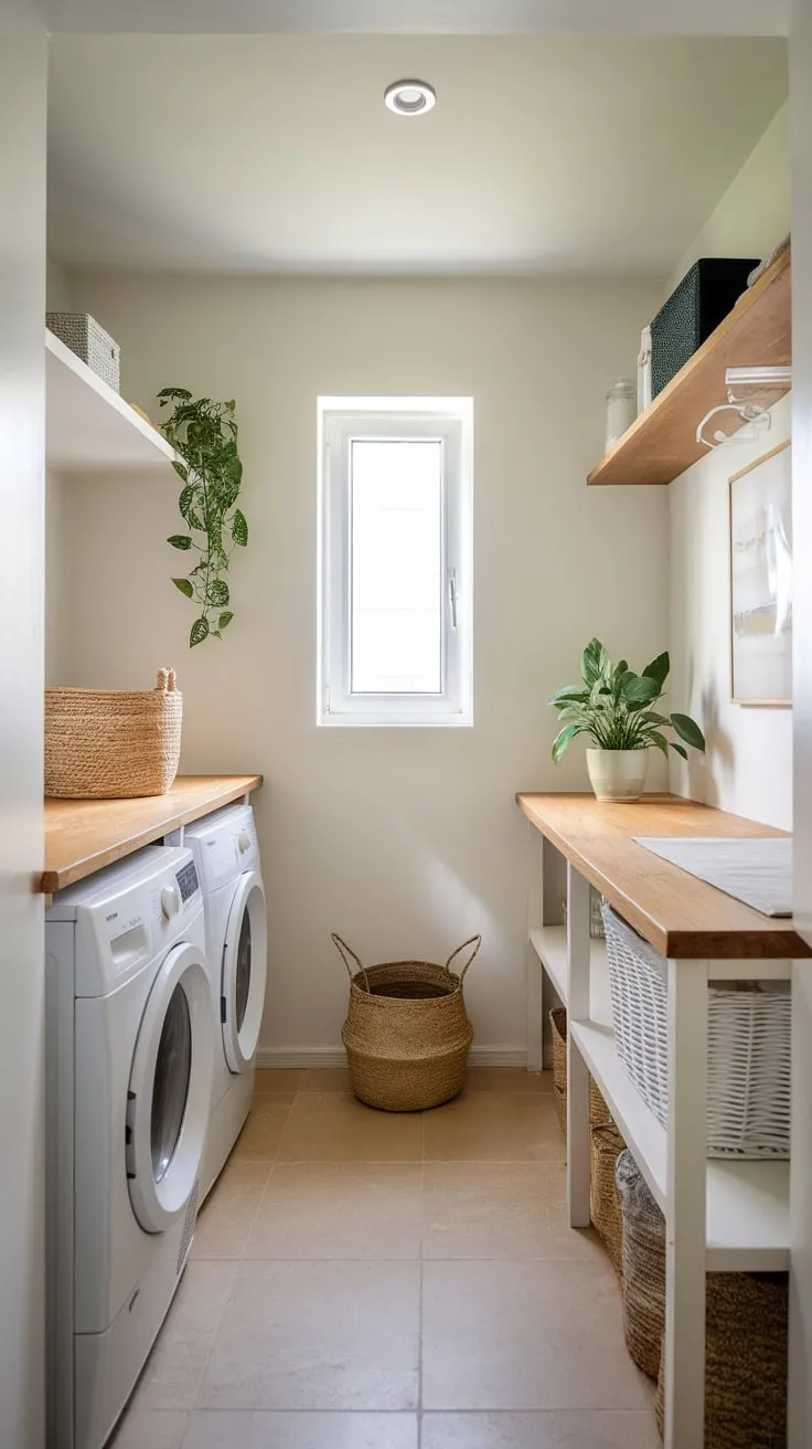 A bright white laundry room boasts stylish wooden accents, ample storage, and a touch of greenery, transforming a chore space into a calming haven.